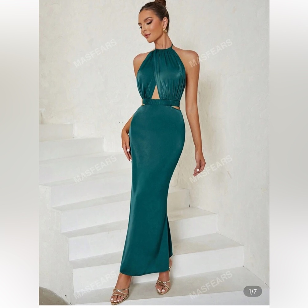 SHEIN Teal Backless Halter Dress